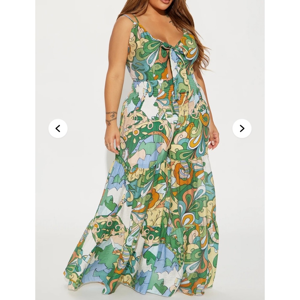 Fashion Nova Kamiyah Printed Jumpsuit Green Combo Retro Wide Leg 1X NEW